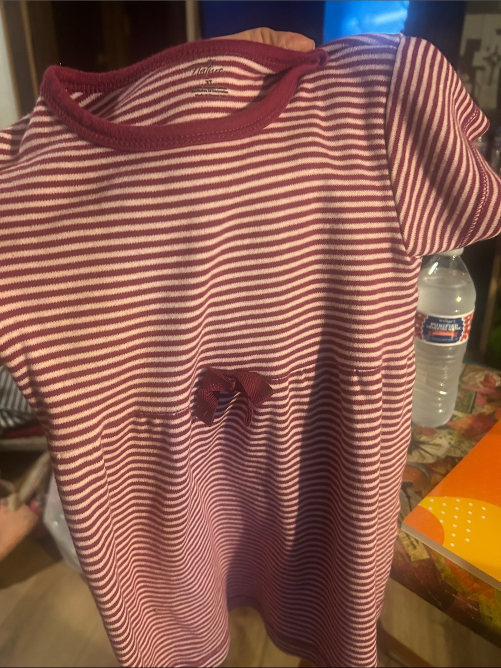 Girls' Short Sleeve Pink & White Striped Tee with Decorative Bow